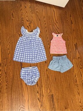 Peek Girls Blue Gingham Dress Bloomers Set with Coral Pink Tank shorts